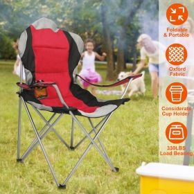 Foldable Camping Chair Heavy Duty Steel Lawn Chair Padded Seat Arm Back Beach Chair 330LBS Max Load with Cup Holder Carry Bag - Red